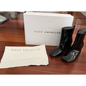 Good American Women's 8.5  Black Patent Leather Boots Square Toe Block Heel NIB
